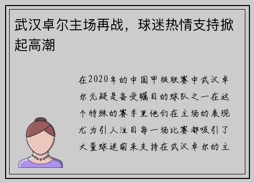 武汉卓尔主场再战，球迷热情支持掀起高潮