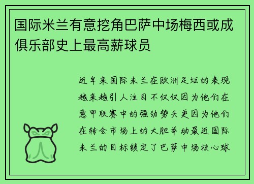 国际米兰有意挖角巴萨中场梅西或成俱乐部史上最高薪球员